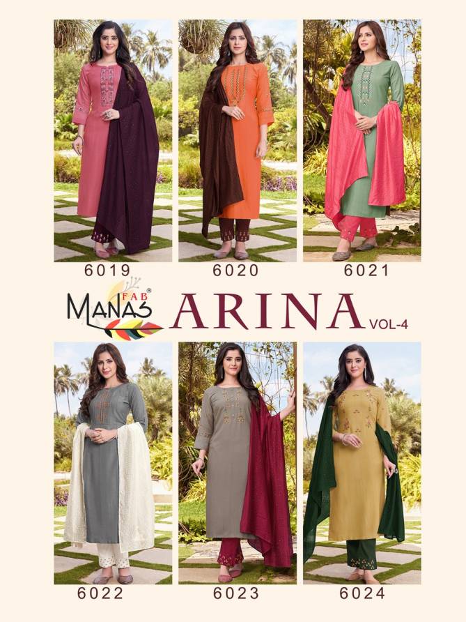 Manas Arina 4 Fancy Rayon Festive Wear Embroidery Ready Made Collection